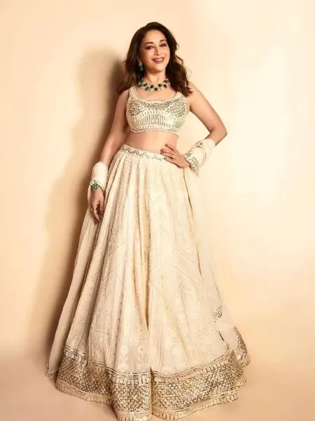 Madhuri Dixit Lehenga Choli in Cream Color Georgette With Sequence Work