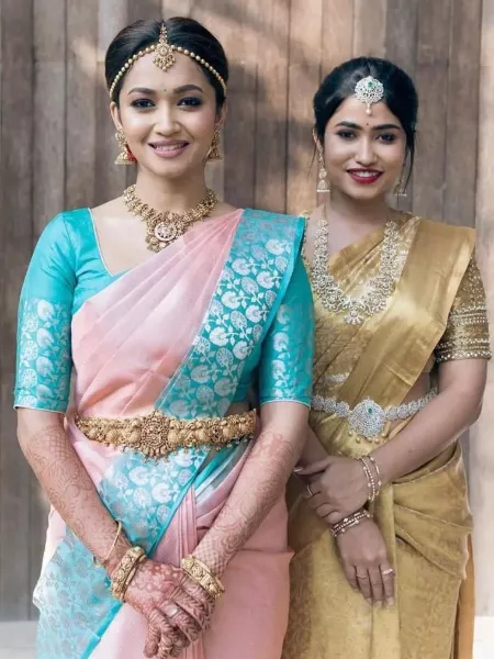 Peach Color Kanchivaram Silk Wedding Saree With Sky Blue Border and Blouse