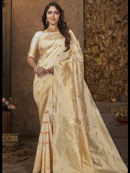 White Color Saree in Soft Lichi Silk Fabric With Designer Zari Weaving Work