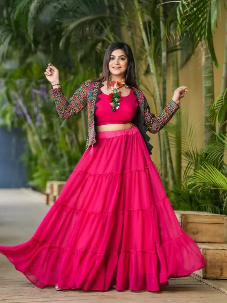 Pink Color Ruffle Lehenga Choli With Embroidery Work Koti for Party and Reception