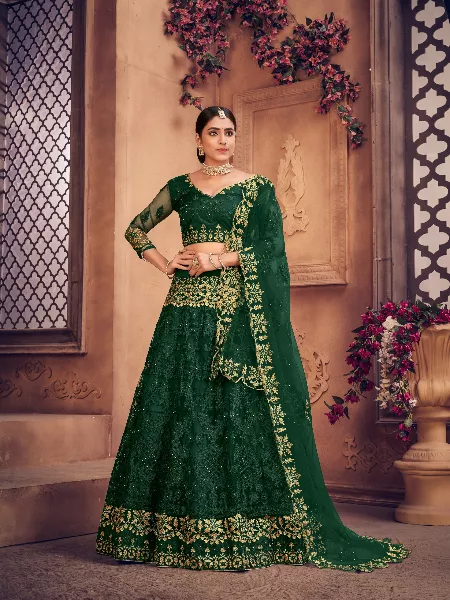 Dark Green Color Net Bridal Lehenga Choli  with Embroidery Thread Work
