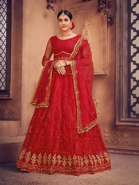 Red Color Net Bridal Lehenga Choli  with Embroidery Thread Work
