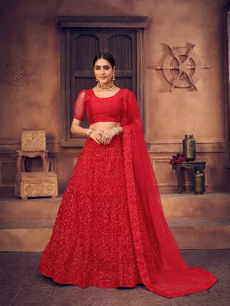 Designer Red Color Net Bridal Lehenga Choli  with Embroidery Thread Work
