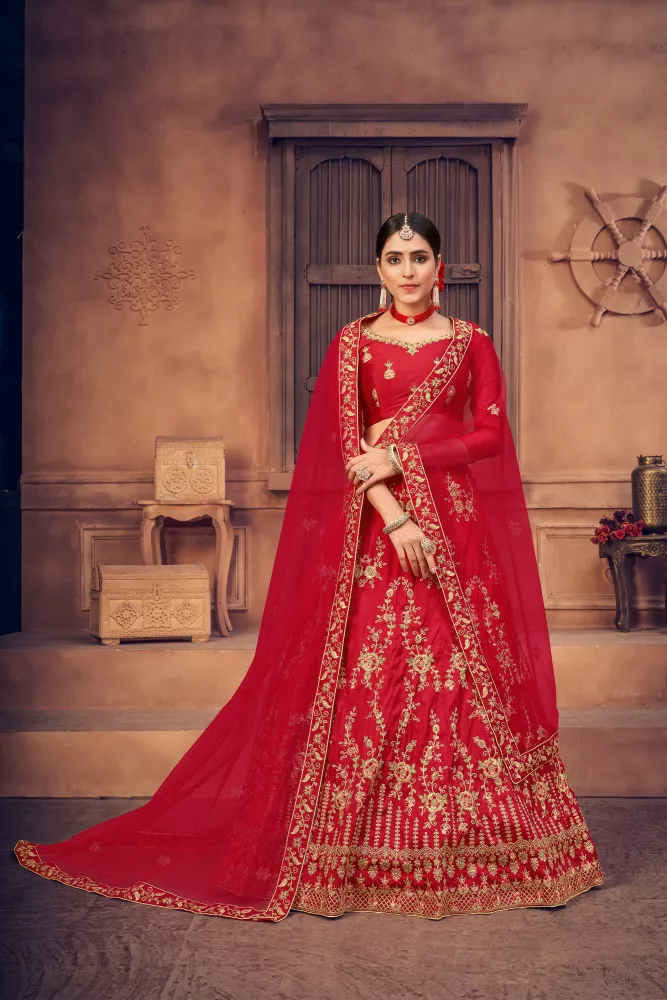 Flattering Red Colored Designer Bridal wear Embroidered Lehe