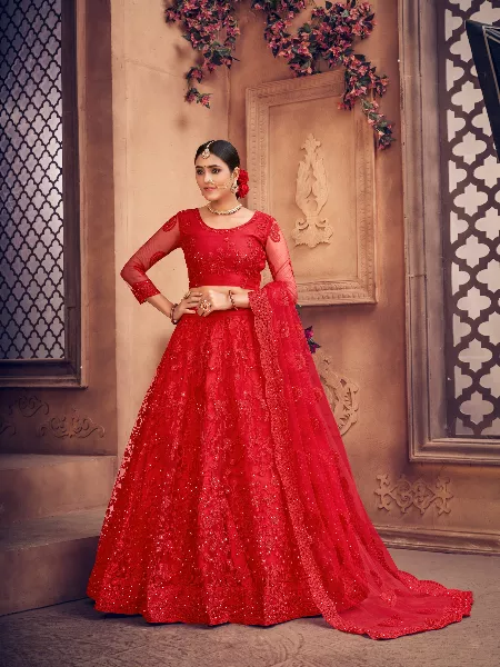 Indian Wedding Red Color Net Bridal Lehenga Choli  with Embroidery Thread Work
