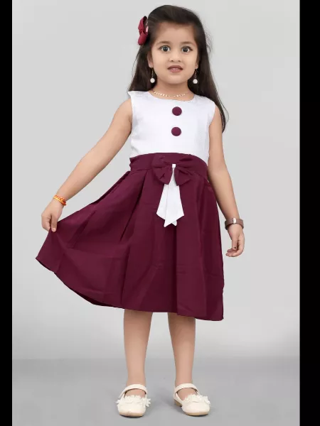 Girls Kids Fancy Frock in White and Wine Satin Fabric