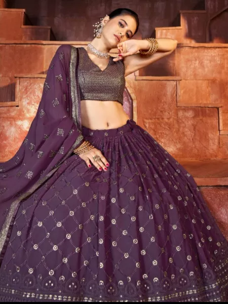 Wine Color Bridal Lehenga Choli in Georgette With Sequins Embroidery Work