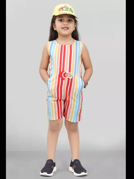 Kids Wear Multi Color Lining Pattern Sleeveless Summer Short Jumpsuit