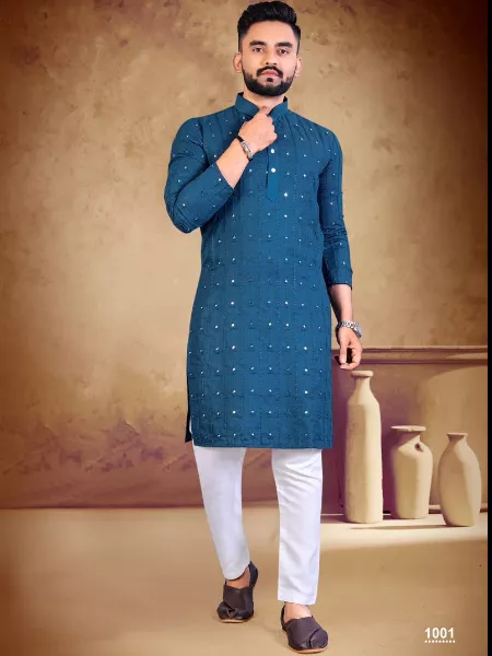 Traditional Kurta for Men in Blue Color Cotton Fabric With Mirror Embroidery Work
