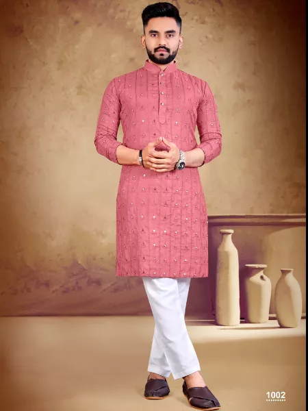 Traditional Kurta for Men in Peach Color Cotton Fabric With Mirror Embroidery Work