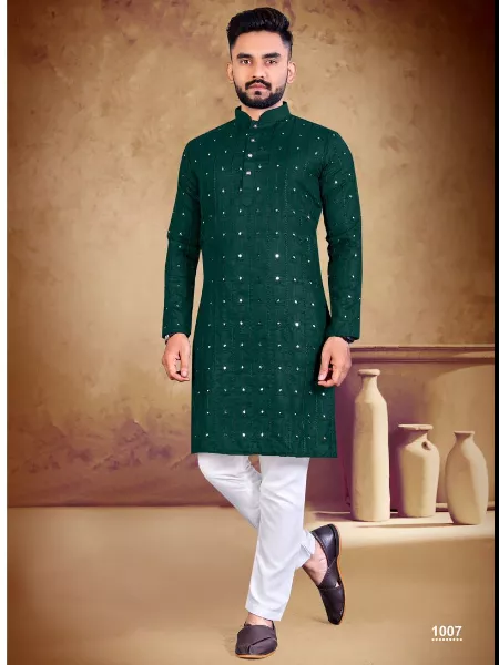Traditional Kurta for Men in Green Color Cotton Fabric With Mirror Embroidery Work