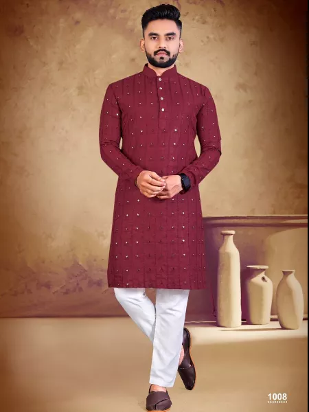 Traditional Kurta for Men in Maroon Color Cotton Fabric With Mirror Embroidery Work