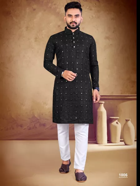 Traditional Kurta for Men in Black Color Cotton Fabric With Mirror Embroidery Work