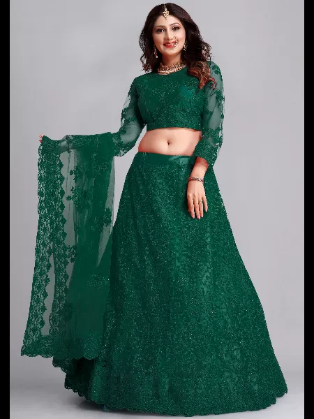 Dark Green Color Bridal Lehenga Choli in Heavy Net with Embroidery and Stone Work