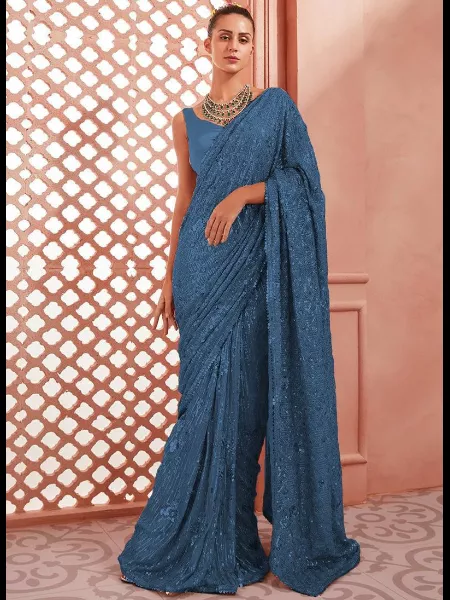 Bollywood Party Wear Sequence Saree in Blue Georgette With Blouse Designer Sequence Saree