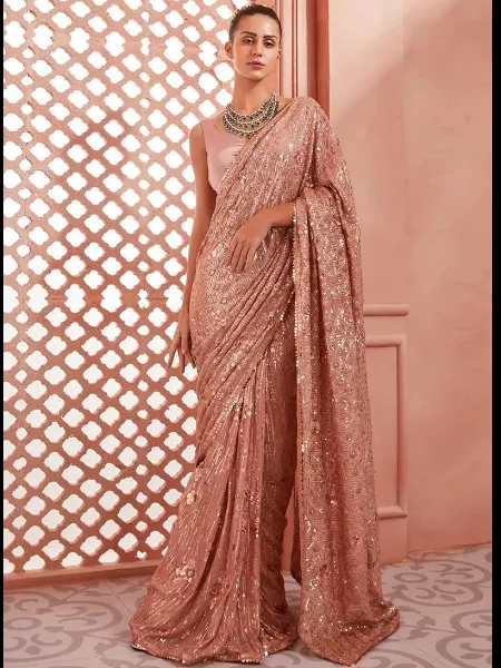 Bollywood Party Wear Sequence Saree in Peach Georgette With Blouse Designer Sequence Saree