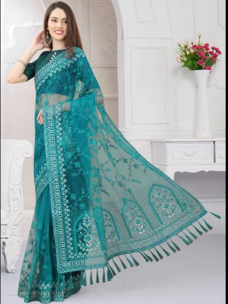 Indian Wedding Saree in Rama Soft Butterfly Net With Heavy Embroidery Work