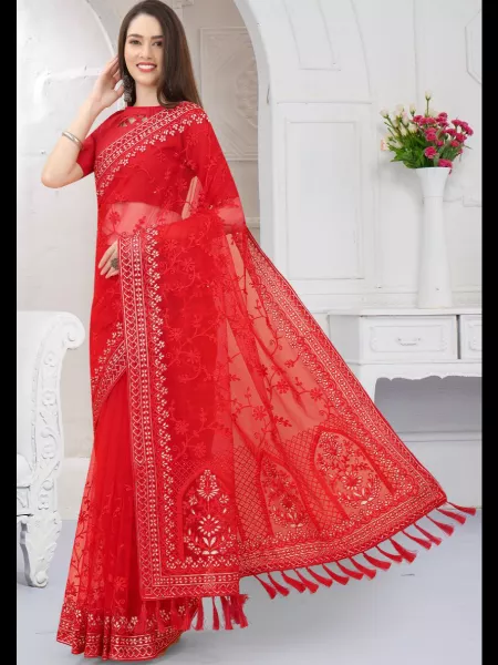 Indian Wedding Saree in Red Soft Butterfly Net With Heavy Embroidery Work