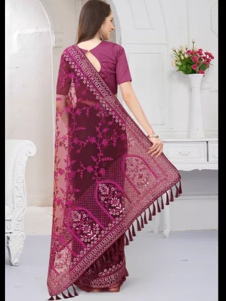 Indian Wedding Saree in Wine Soft Butterfly Net With Heavy Embroidery Work