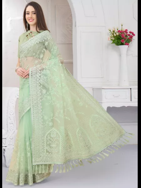 Indian Wedding Saree in Pista Soft Butterfly Net With Heavy Embroidery Work