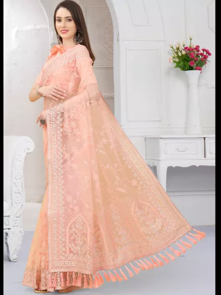 Indian Wedding Saree in Peach Soft Butterfly Net With Heavy Embroidery Work