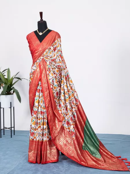 Patola Saree in Red Dola Silk Fabric With Geometric Design and Foil Work