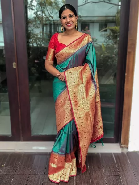 Teal Color Banarasi Soft Silk Saree Enriched With Weaving Zari Work