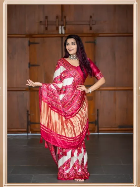 Pure Gaji Silk Saree With Patola Print and Lagadi Patta Original Gaji Silk Saree in Off White