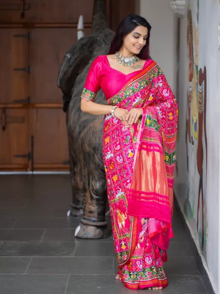 Pure Gaji Silk Saree With Patola Print and Lagadi Patta Original Gaji Silk Saree in Pink