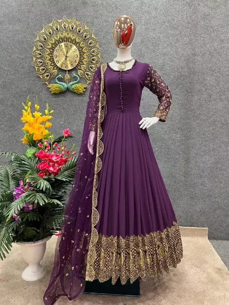 Wine Color Georgette Gown With Heavy Sequence Embroidery Work and Dupatta