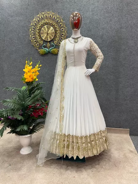 White Color Georgette Gown With Heavy Sequence Embroidery Work and Dupatta