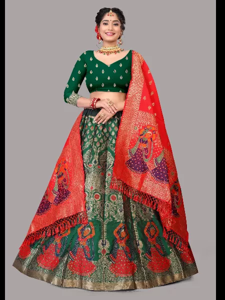 Green Weaving Jacquard Work Lehenga Choli Woven Art Silk Jacquard Lehenga