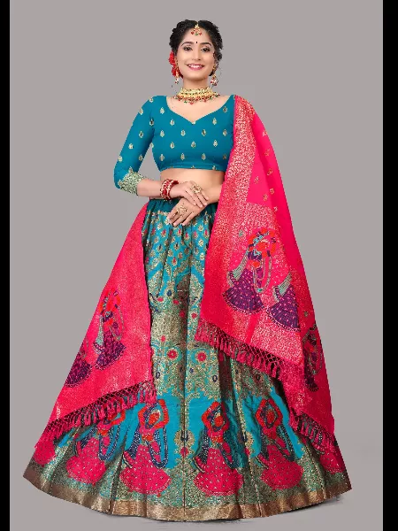 Sky Blue Weaving Jacquard Work Lehenga Choli Woven Art Silk Jacquard Lehenga