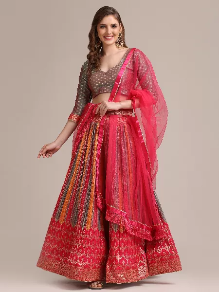 Multi Color Woven Art Silk Jacquard Lehenga Choli for Bridal Indian Wedding Lehenga Choli