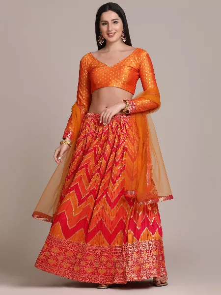 Orange Color Woven Art Silk Jacquard Lehenga Choli with Zig Zag Pattern Indian Wedding Lehenga Choli