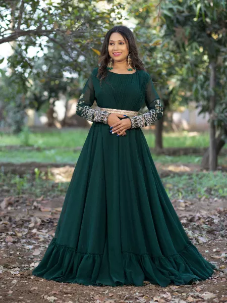 Green Color Fancy Neck Pattern Gown With Long Sleeves and Embroidery Work and Waist Belt