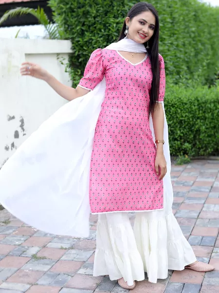 Light Pink Color Magic Cotton Kurti Sharara Set With Dupatta and Digital  Print in USA UK Malaysia South Africa Dubai Singapore