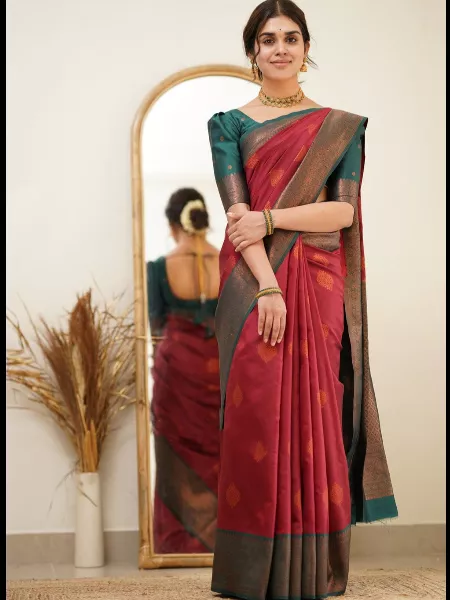 Designer Maroon Color Soft Silk Saree With Green Border and Blouse South Indian Saree