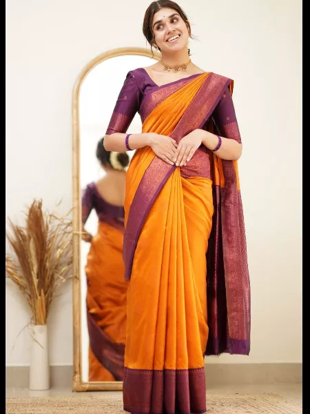 Designer Orange Color Soft Silk Saree With Purple Border and Blouse South Indian Saree
