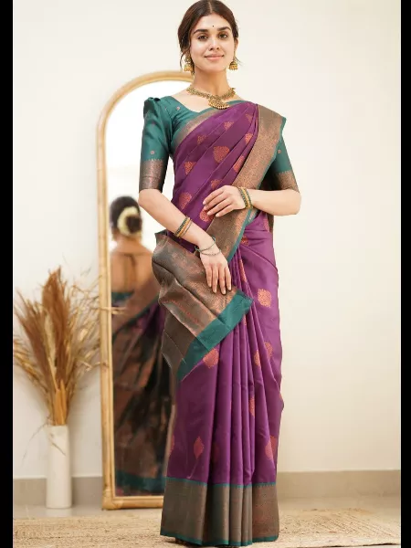 Designer Wine Color Soft Silk Saree With Green Border and Blouse South Indian Saree