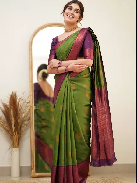 Designer Pista Color Soft Silk Saree With Purple Border and Blouse South Indian Saree