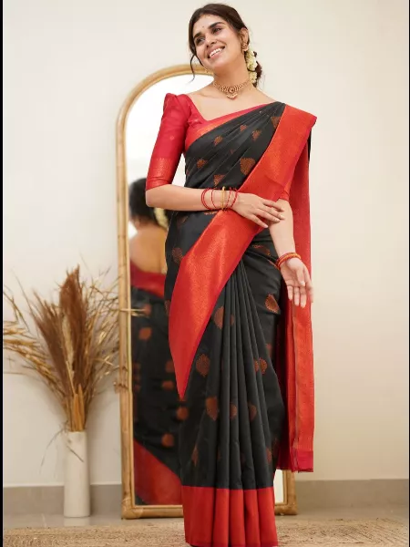 Designer Black Color Soft Silk Saree With Red Border and Blouse South Indian Saree