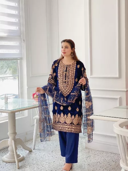 Blue Color Velvet Pakistani Suit With Embroidery Work and Dupatta