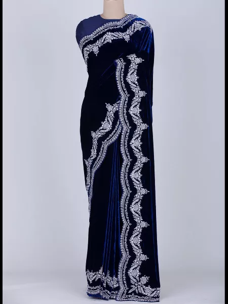 Designer Velvet Saree in Blue Color With Embroidery Work and Blouse Velvet Saree