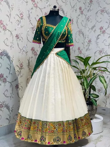 White Color South Indian Half Saree Lehenga With Green Blouse and Dupatta Thavani Pavadai