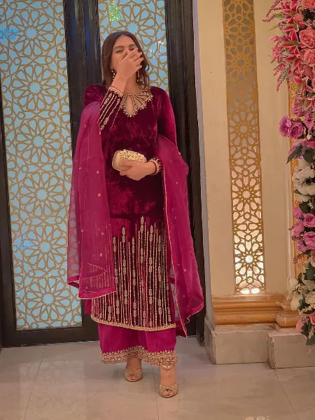 Pink Color Velvet Salwar Kameez with Embroidery Work and Dupatta