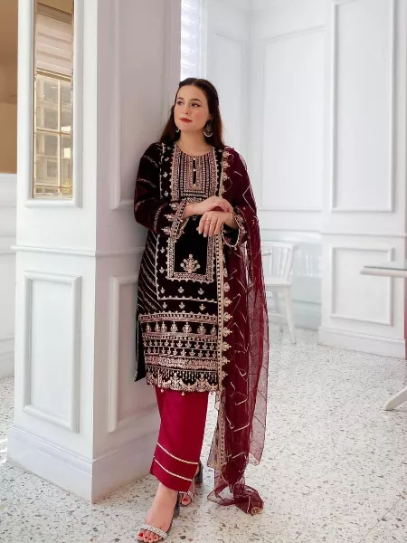 Adorable Maroon Velvet Cording Sequence Embroidery Work Pakistani Suit With Dupatta