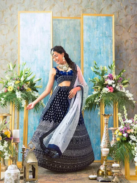 Boutique Style Blue Velvet Sequence Embroidered Work Lehenga Choli With Dupatta