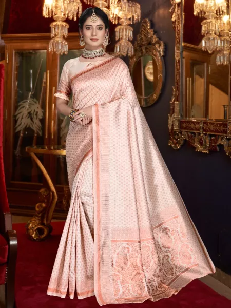 Cream Soft Lichi Silk Saree With Copper Zari Weaving for Wedding With Blouse