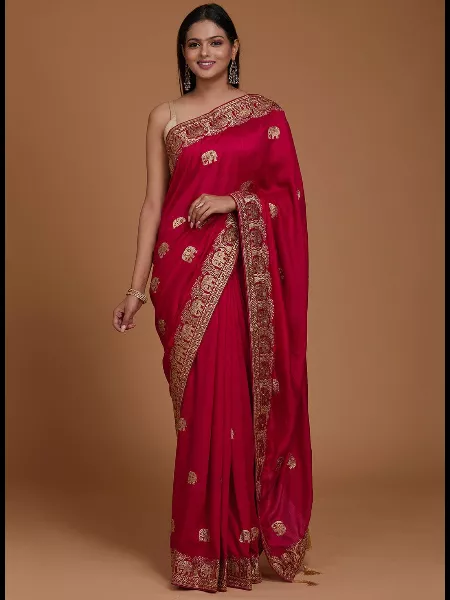 Red Color Vichitra Silk Saree With Embroidery Work Bridesmaid Saree With Blouse